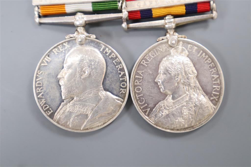 A Queens South Africa medal with three bars and a Kings South Africa medal with two bars, South Africa 1901 and 1902, to 375 Pte. J.